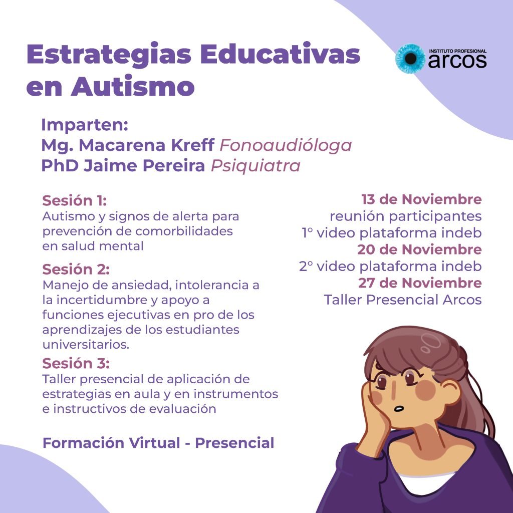 Afiche de difusión del ciclo Estrategias Educativas en Autismos destinado a docentes del Instituto Profesional ARCOS 