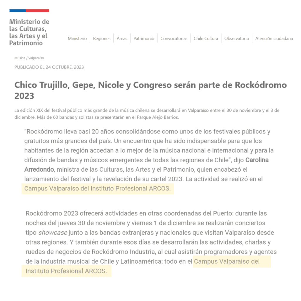 Nota del lanzamiento oficial de Rockódromo 2023 en el sitio web del Ministerio de las Culturas, las Artes y el Patrimonio