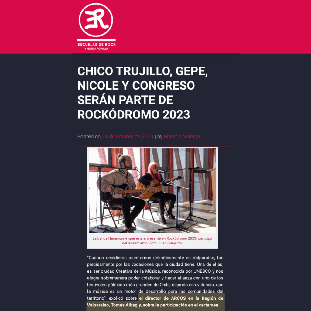 Nota del lanzamiento oficial de Rockódromo 2023 en el sitio web de Escuelas de Rock y Música Popular