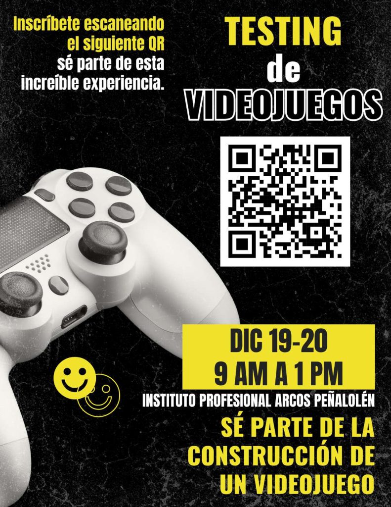 Afiche Testing de Videojuegos en ARCOS el 19 y 20 de diciembre