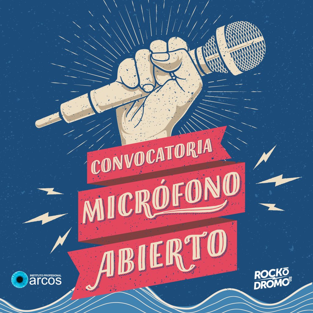 Afiche de difusión de la convocatoria al Micrófono Abierto en Festival Rockódromo 2023 