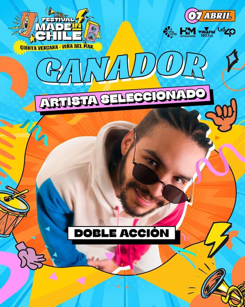 Afiche de Doble Acción, ex estudiante de Producción Musical en ARCOS, como artista seleccionado para el Festival Made In Chile.