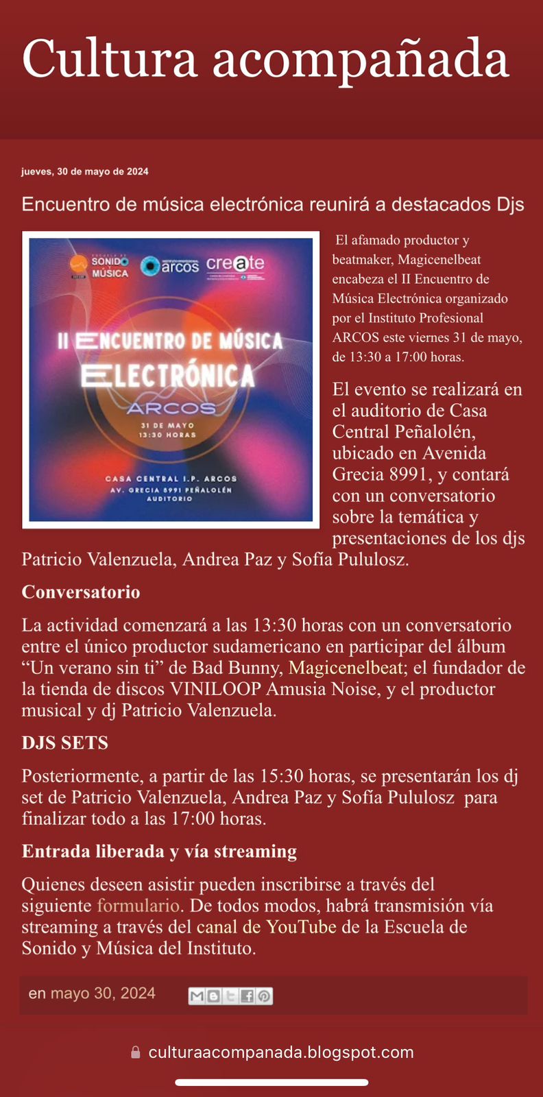 Noticia de Cultura Acompañada, compartiendo la noticia del II Encuentro de Música Electrónica en ARCOS
