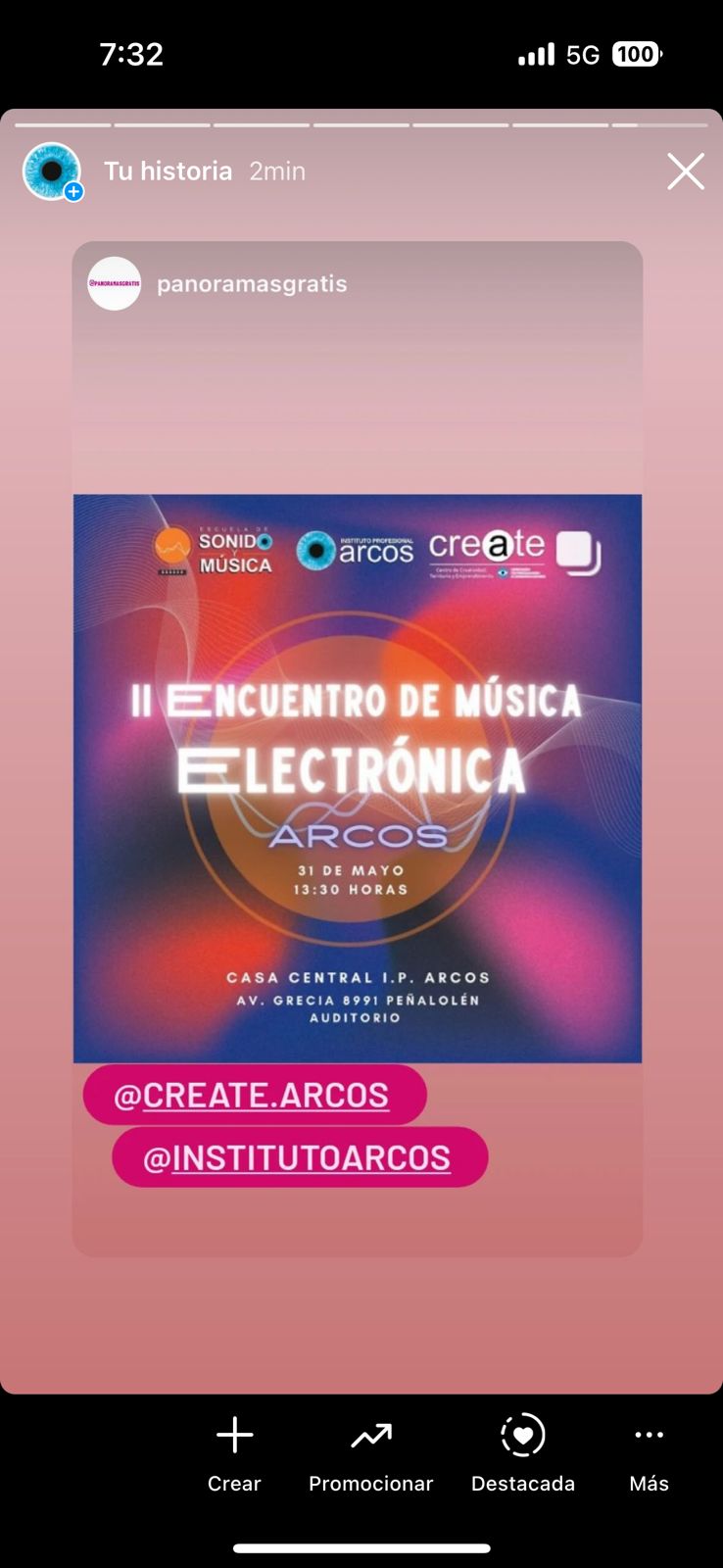 Historia de Instagram de panoramasgratis compartiendo la noticia del II Encuentro de Música Electrónica de ARCOS