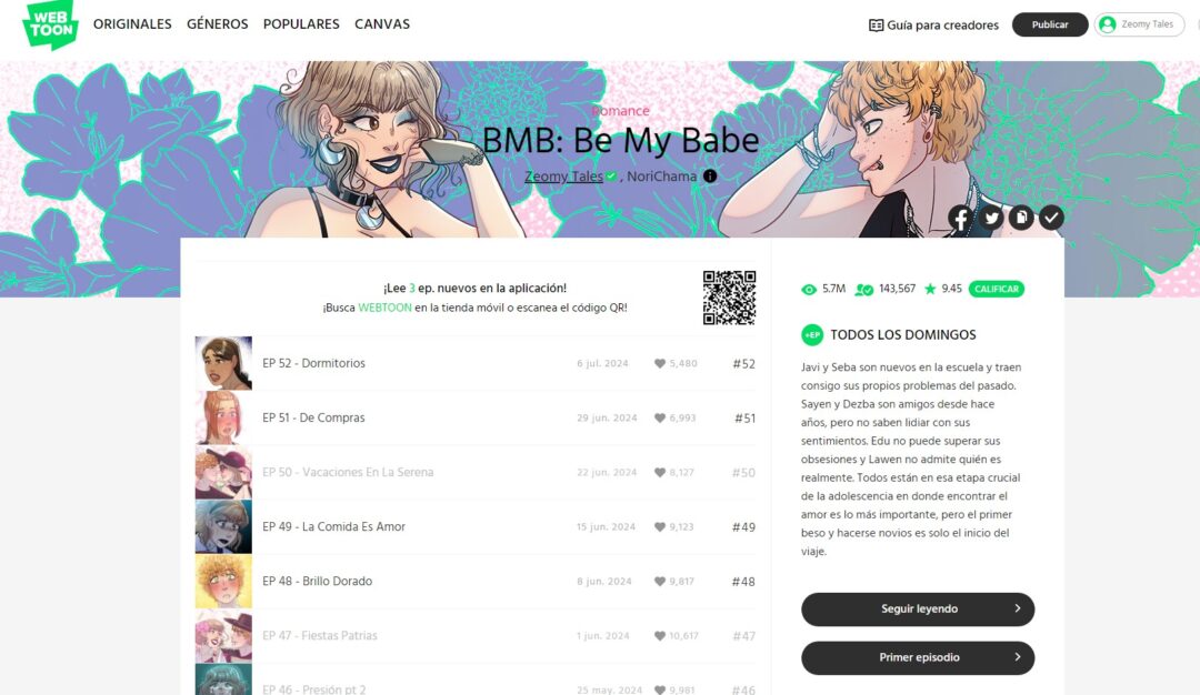 Visualización en navegador de plataforma Webtoon con BMB: Be My Babe, historia de Viviana Toro, Titulada de I.P. ARCOS