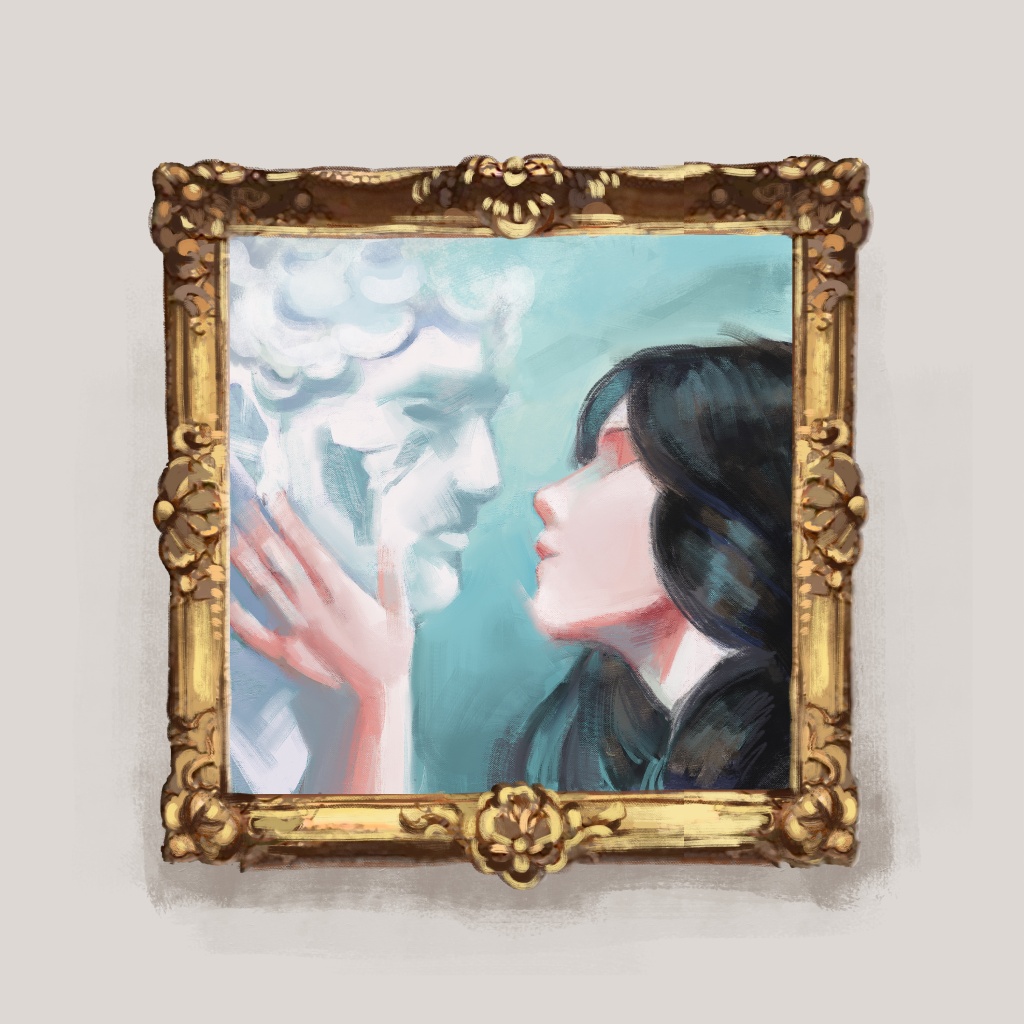 Ilustración de una mujer a punto de besar a una silueta en un cuadro. Covert art del nuevo single de Fernanda Muñoz, estudiante de ARCOS