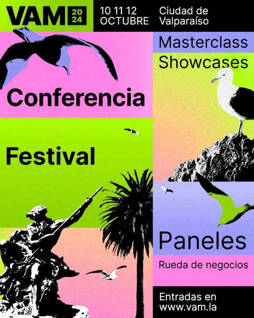 Afiche de Conferencias, Masterclass, Showcases y Festival VAM 2024, donde ARCOS Valparaíso será sede