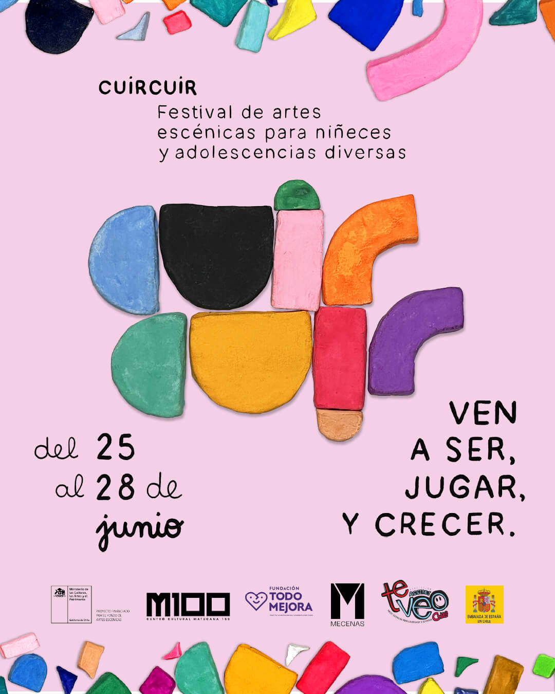 Afiche oficial de Cuir Cuir Festival, Primer Encuentro de Artes Escénicas para Niñeces y Adolescencias Diversas, a cargo de docentes Actuación I.P. ARCOS.