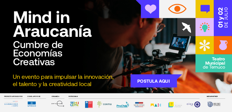 Banner de Mind in Araucania 2025 (MIA2025) invitación por parte de Red Nacional de Territorios Creativos (RNTC) e I.P. ARCOS.