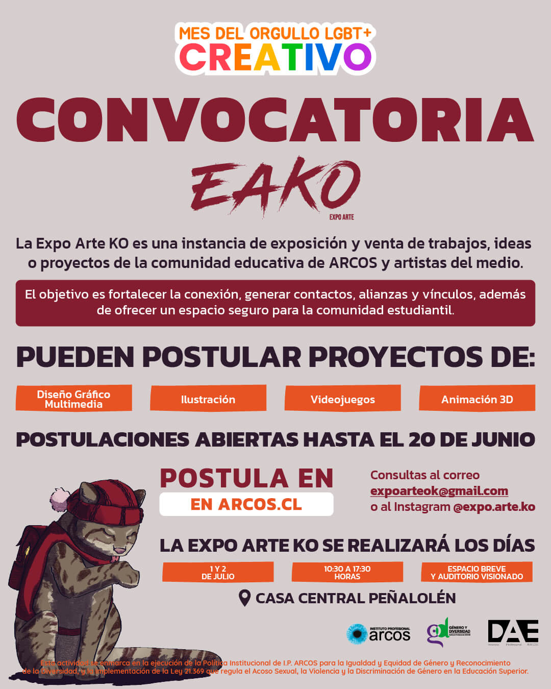 Afiche oficial de Expo Arte KO en el marco del Mes del Orgullo LGBT+ Creativo en I.P. ARCOS desde el Departamento de Género y Diversidad.