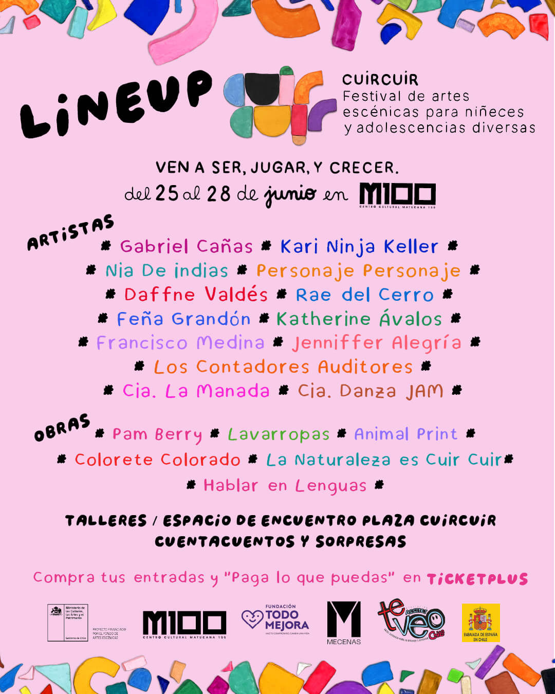 Lineup de Cuir Cuir Festival, Primer Encuentro de Artes Escénicas para Niñeces y Adolescencias Diversas, a cargo de docentes Actuación I.P. ARCOS.