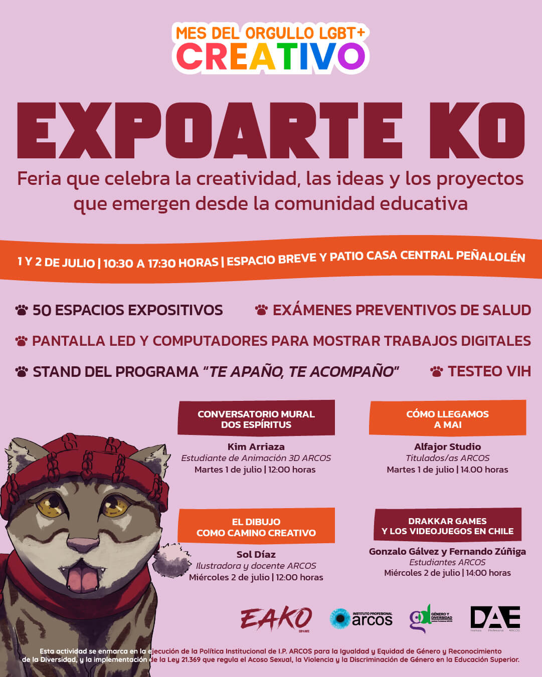 Afiche oficial de Programación ExpoArte KO en el marco del Mes del Orgullo LGBT+ Creativo en I.P. ARCOS desde el Departamento de Género y Diversidad.