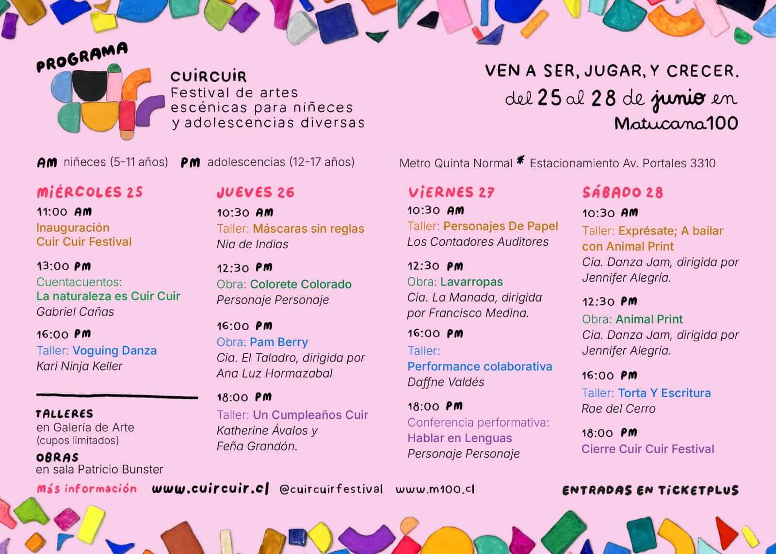 Programa de Cuir Cuir Festival, Primer Encuentro de Artes Escénicas para Niñeces y Adolescencias Diversas, a cargo de docentes Actuación I.P. ARCOS.