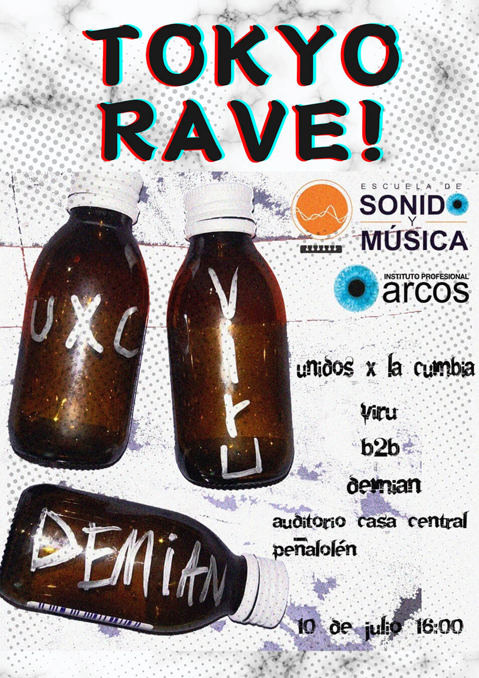 Afiche oficial de Tokyo Rave! en I.P. ARCOS, organizado por Escuela de Sonido y Música.
