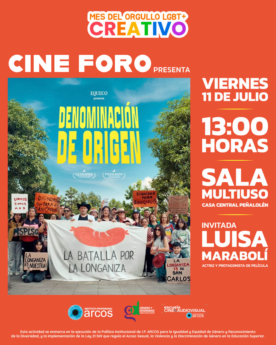 Afiche oficial de Cine Foro en donde se presentará película chilena "Denominación de Origen" en el marco del Mes del Orgullo LGBT+ Creativo en I.P. ARCOS desde el Departamento de Género y Diversidad.