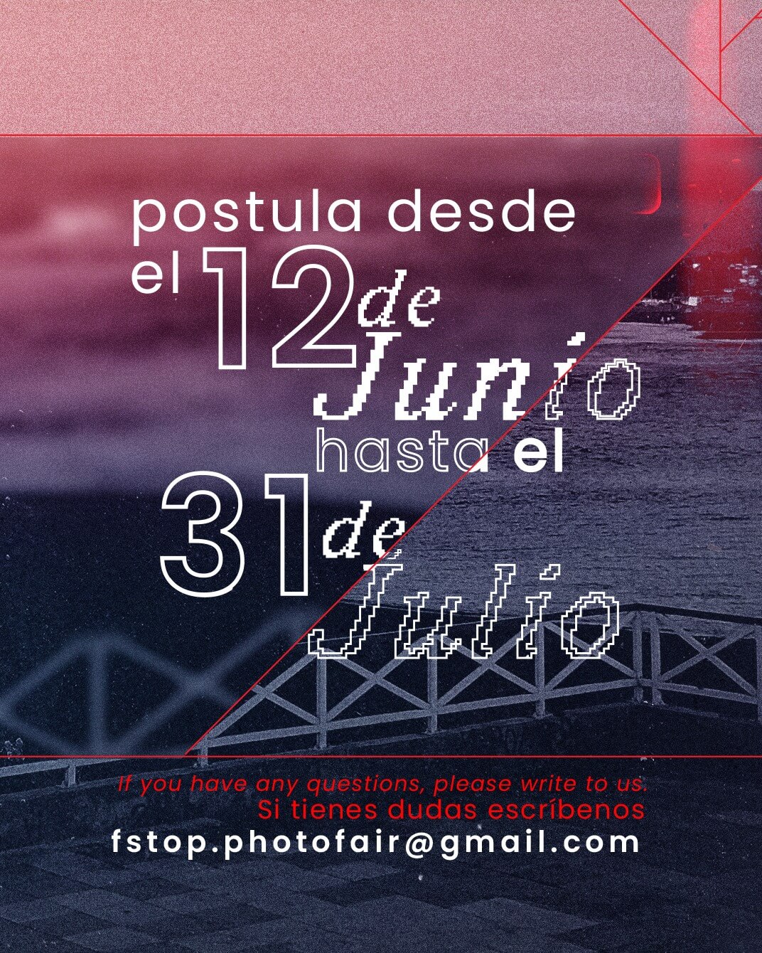 Gráfica oficial de Convocatoria F.STOP con postulaciones desde 12 de junio hasta 31 de julio. Organizado por Colectivo Narval de ex Estudiantes de Fotografía ARCOS.