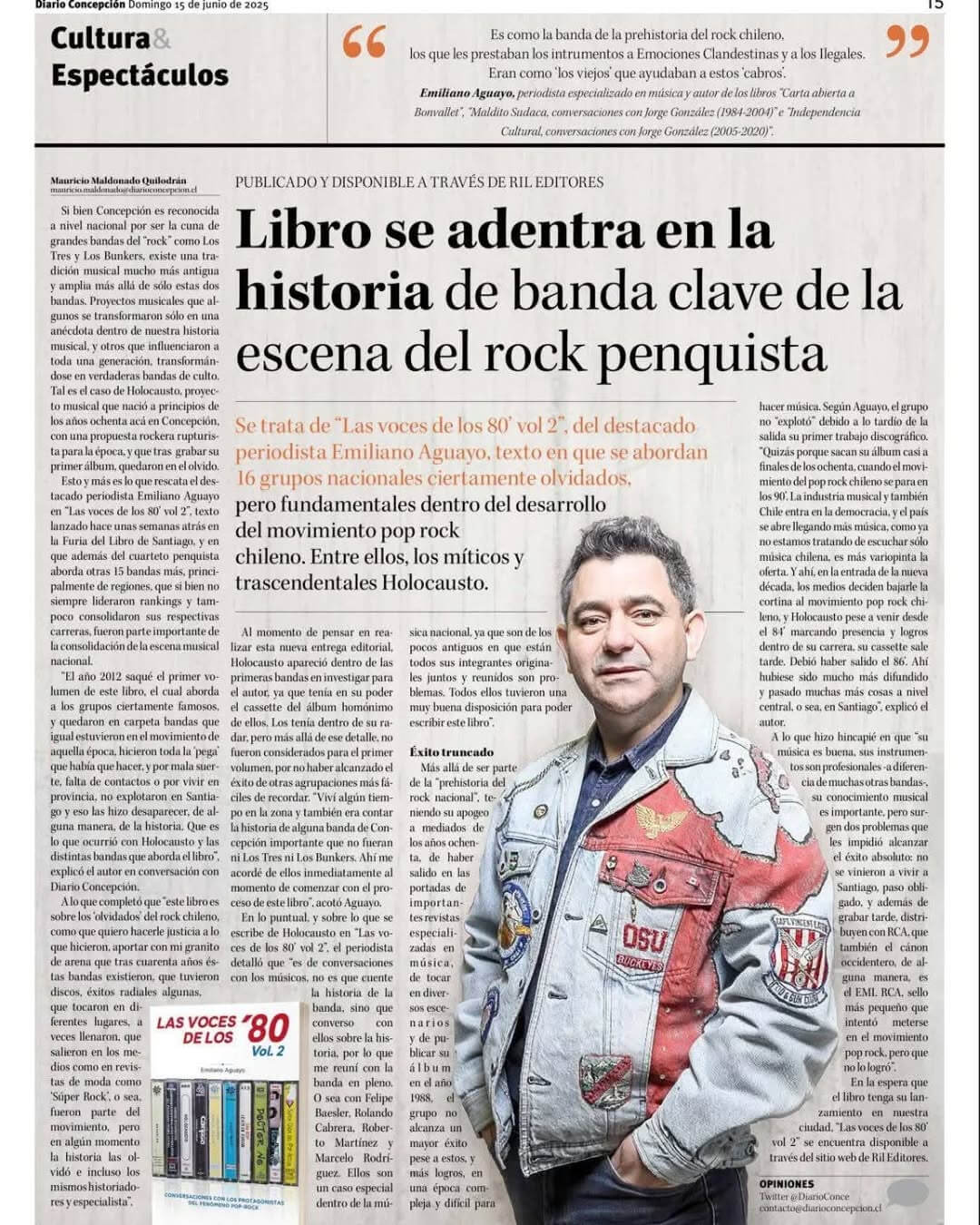 Noticia de Lanzamiento de Libro "Las voces de los '80 Vol. 2" de Emiliano Aguayo en Diario Concepción.