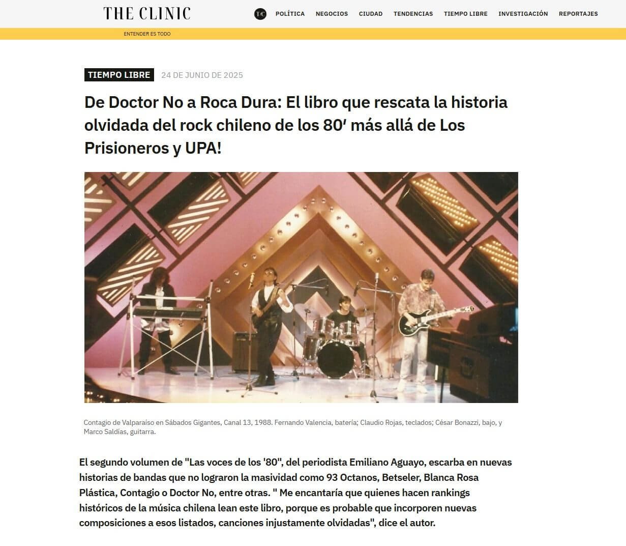Noticia de Lanzamiento de Libro "Las voces de los '80 Vol. 2" de Emiliano Aguayo en The Clinic.