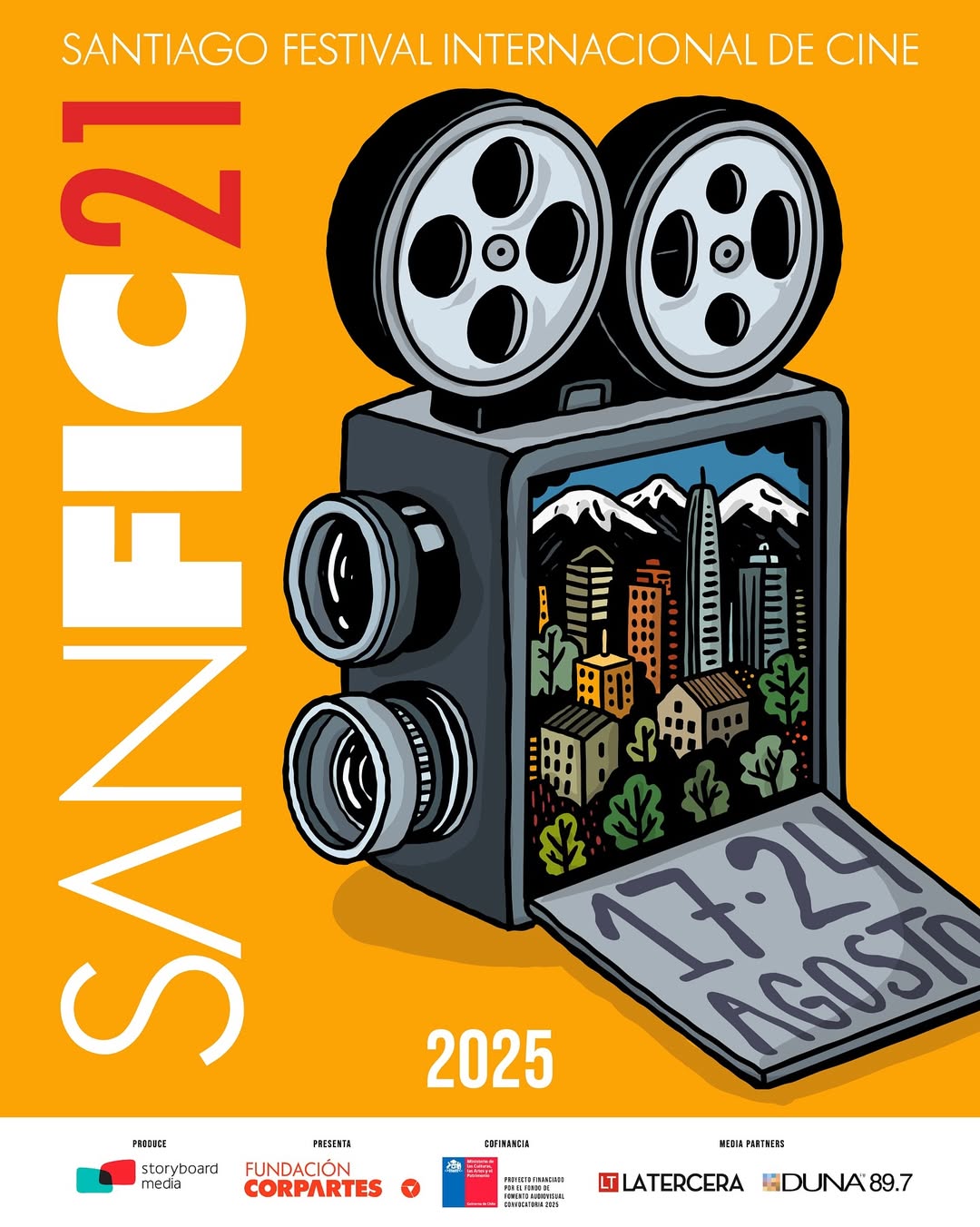 Afiche oficial para SANFIC21 donde Escuela de Cine y Audiovisual ARCOS será parte.