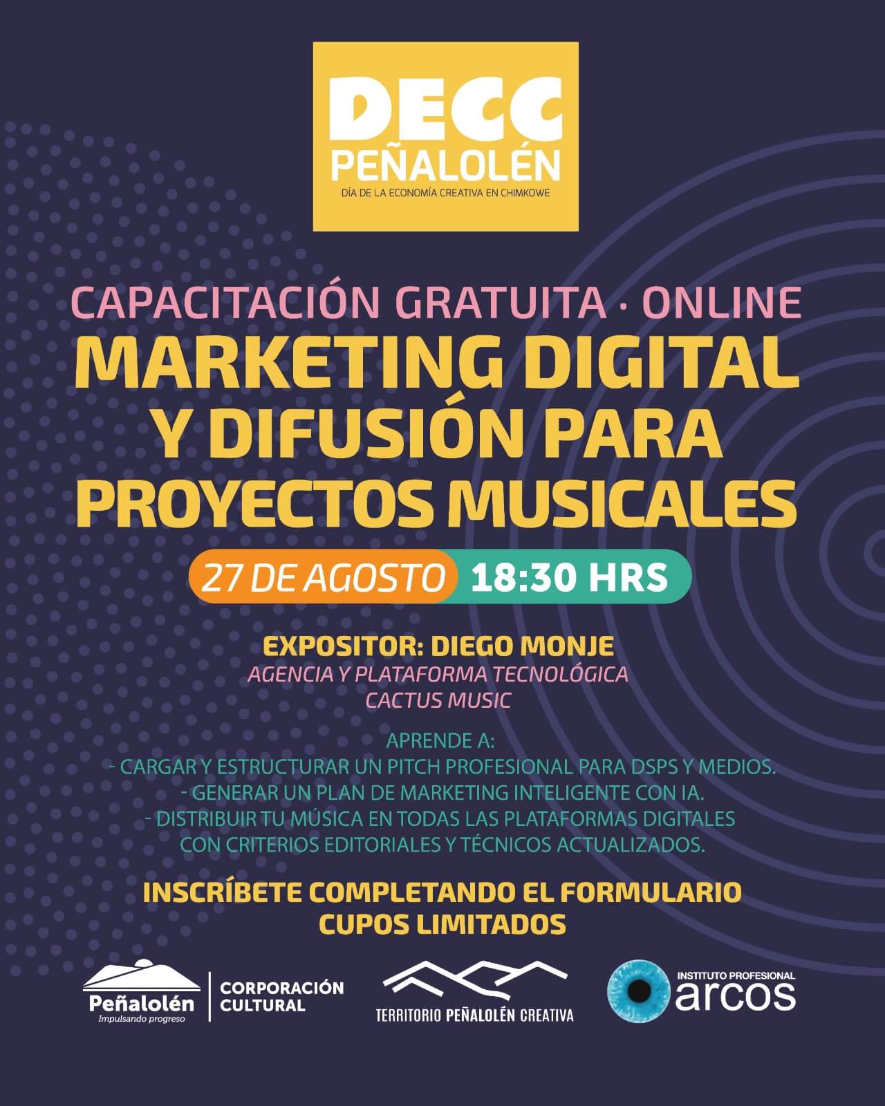 DECC - Marketing digital y difusión para proyectos musicales el día 27 de agosto a las 18:30 horas.