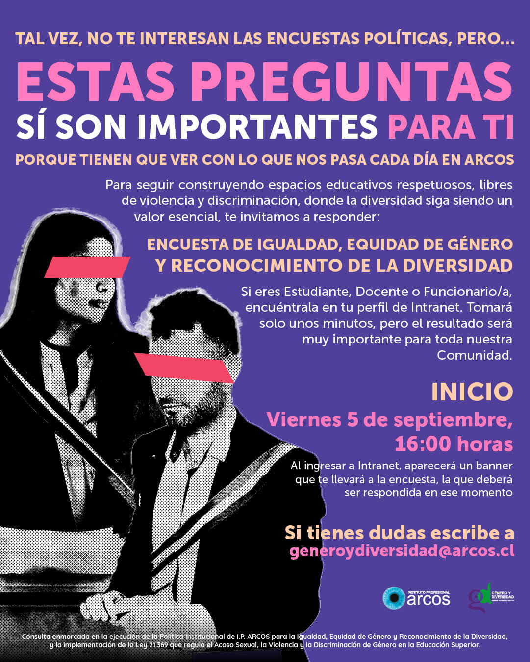 Gráfica oficial de "Encuesta de igualdad, equidad de género y reconocimiento de la diversidad", iniciativa de departamento de Género y Diversidad 2025.