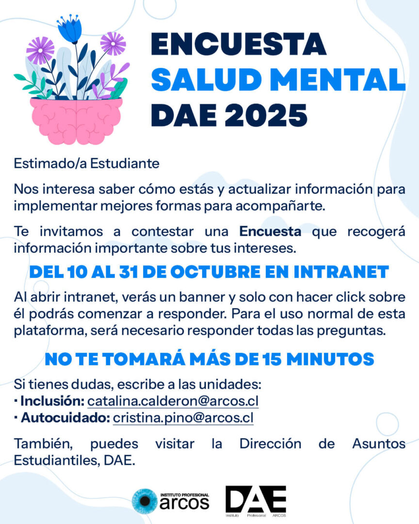 Encuesta de Salud Mental 2025, organizado por Dirección Docente y de Asuntos Estudiantiles ARCOS, Unidades de Inclusión y Autocuidado.