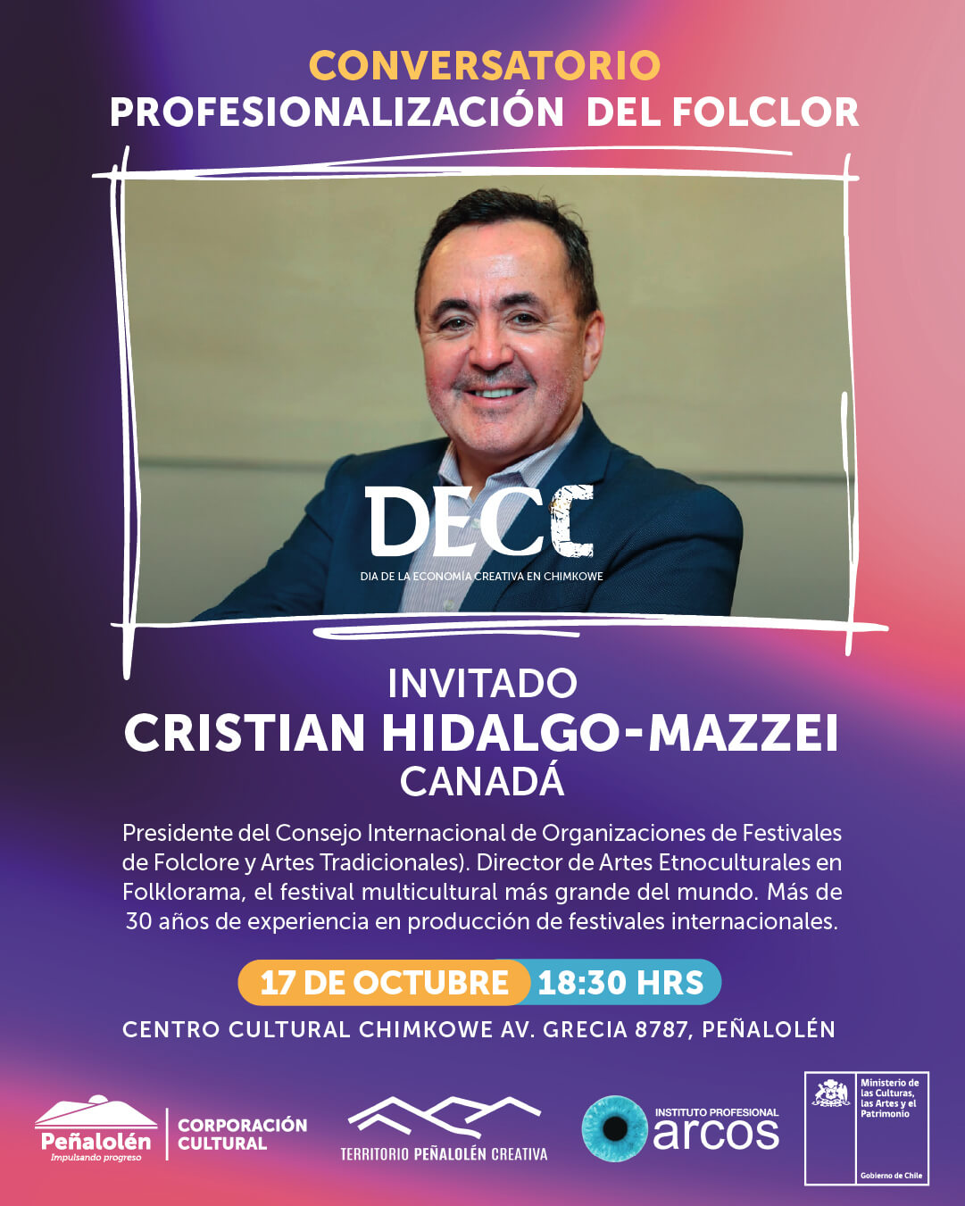 Conversatorio "Profesionalización del folclor: desafíos, estrategias y casos de éxito", expositor Christian Hidalgo-Mazzei en DECC 2025.