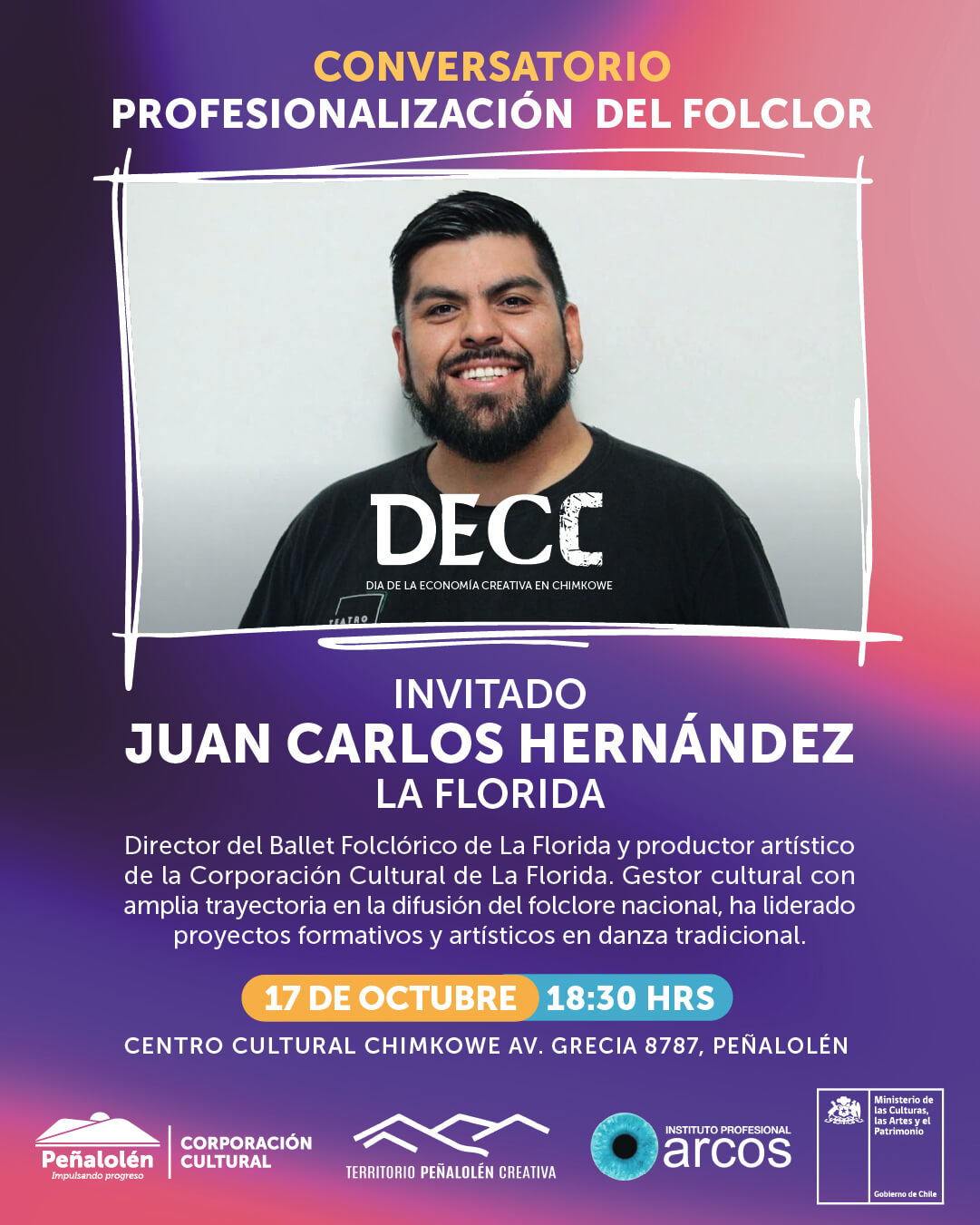 Conversatorio "Profesionalización del folclor: desafíos, estrategias y casos de éxito", expositor Juan Carlos Hernández en DECC 2025.