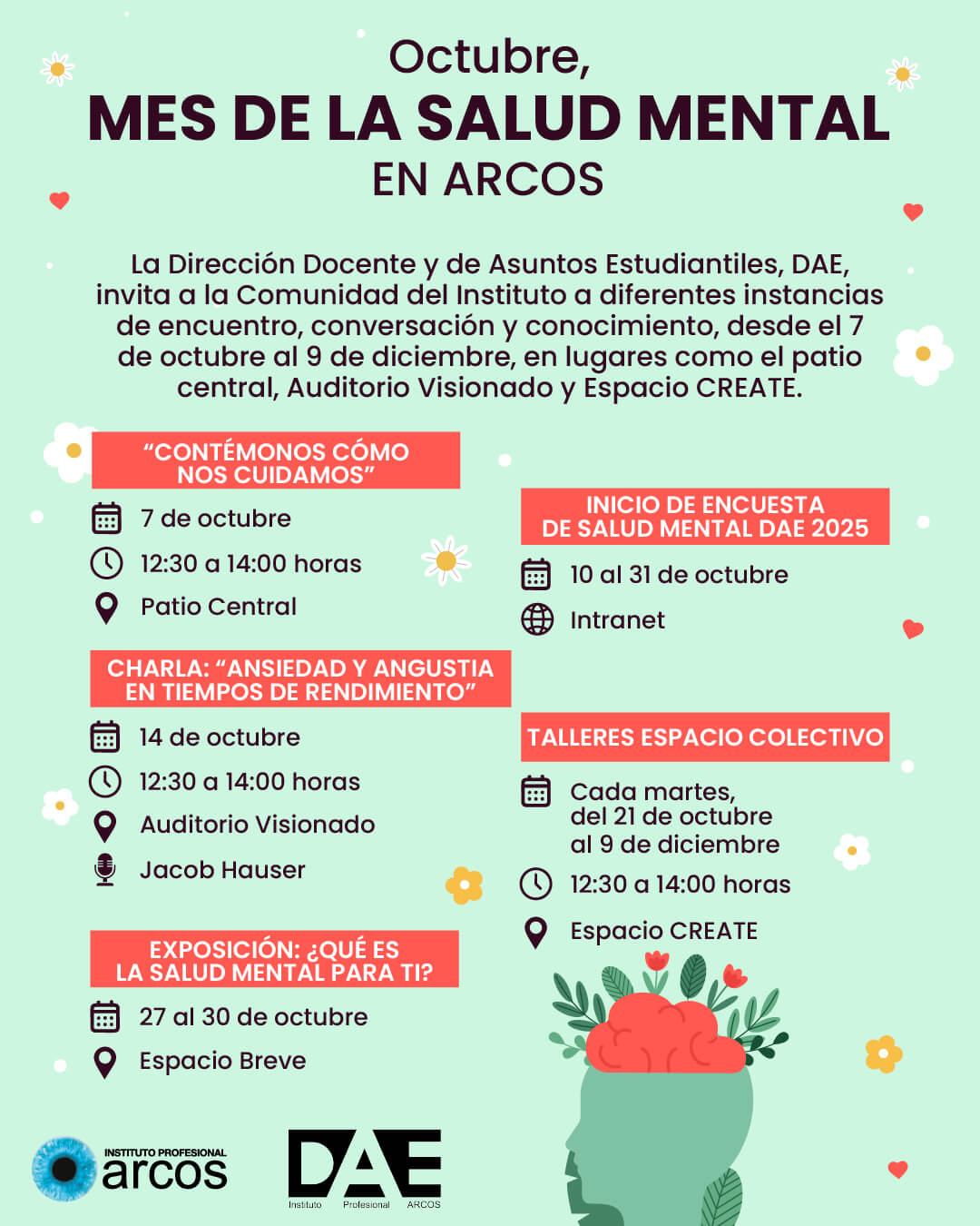 Actividades de Octubre, mes de la Salud Mental en ARCOS. Organizado por Dirección Docente y de Asuntos Estudiantiles, DAE.