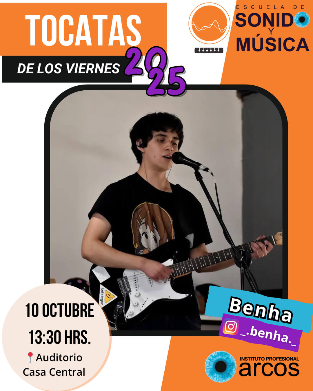 Afiche oficial de Tocatas de los viernes, organizado por Escuela de Sonido y Música ARCOS, se presenta Benha.